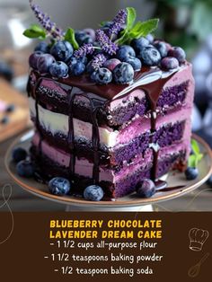 a blueberry chocolate layer cake on a plate