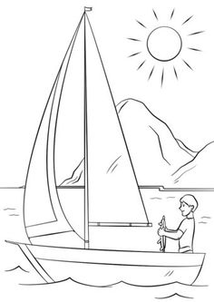 a boy on a sailboat in the ocean with mountains and sun behind him coloring page