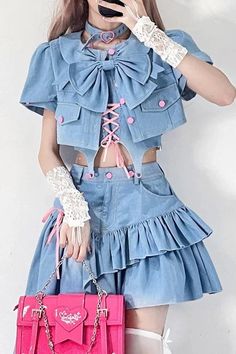 Cute Korean Denim Outfit Set - Top & Skirt – Pastel Kitten Summer Party Sets With Pockets, Chic Spring Crop Top With Bow, Chic Bow Crop Top For Spring, Spring High Waist Sets With Pockets, Cute Spring Sets With Pockets, Spring Party Denim Crop Top, Spring Denim Fitted Sets, Fitted Denim Sets For Spring, Trendy Spring Bottoms With Bow Detail