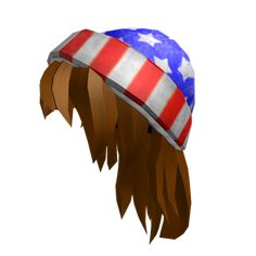 a hat with an american flag pattern on it's brim and long brown hair