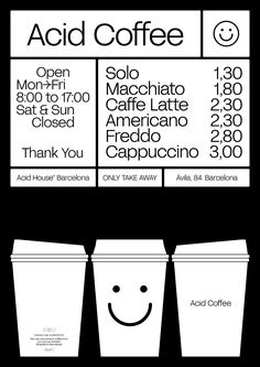 an advertisement for coffee with two cups and the words acid coffee on each one side