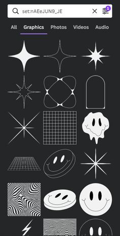 an iphone screen with some black and white graphics on it, including stars, circles, shapes