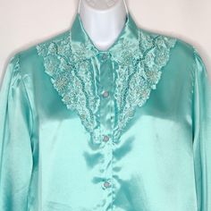 "Vintage Satin Blouse Button Up Sz M Embroidered Beaded Scalloped Edge Collar and Cuffs Puff Sleeves There is no size tag or fabric tag. Please read measurements below. I believe the fabric to be polyester. Approximate Flat Measurements Shoulder Width 15\" Bust 38\" Sleeve Length 23\" Overall Length 25.5\" * Secretary SIZE: Womens M CONDITION: Pre-Owned Good Excellent Condition - no pulls or stains" Elegant Button-up Embellished Blouse, Elegant Embellished Button-up Blouse, Long Sleeve Blouse With Button Closure For Wedding, Embellished Green Long Sleeve Blouse, Green Embellished Long Sleeve Blouse, Blouse Puff Sleeve, Scallop Edge, Satin Blouse, Fabric Tags