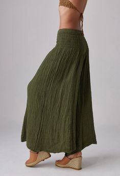 NO.290 Women's Smocked Waist Wide Leg Pants, Natural Fiber Flexible Casual Yoga Pants in Olive - Etsy Turkey Green Ankle-length Bottoms With Elastic Waistband, Spring Wide Leg Pants With Smocked Back, Wide Leg Maxi Skirt With Elastic Waistband For Beach, Baggy Wide Leg Pants With Elastic Waistband For Beach, Wide Leg Pants With Smocked Back, Bohemian Bottoms With Smocked Back For Beach, Bohemian Wide Leg Maxi Skirt With Pockets, Spring Long Skirt With Smocked Bodice, Bohemian Beach Bottoms With Smocked Back