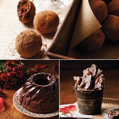 there are four different pictures of cakes and desserts on the table, including one chocolate bundt cake