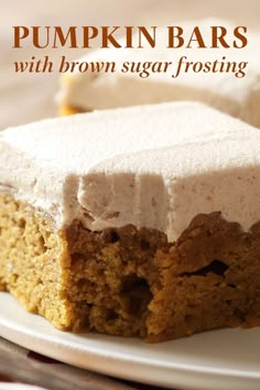 pumpkin bars with brown sugar frosting on a white plate