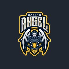 the gaming logo with an angel holding a skull in its hand and wings on it