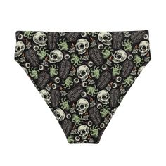 Step into chilling summer style with Goth Cloth Co.'s Gothic Zombie Bikini Bottom. Featuring a spooky pattern of skulls, coffins, zombie hands, and eyeballs, these bottoms blend gothic elegance and apocalyptic flair, making them ideal for all your beach and poolside escapades. Key Features: Recycled polyester fabric: Made from 88% recycled polyester and 12% elastane in the EU, or 81% REPREVE recycled polyester and 19% LYCRA XTRALIFE in MX, providing a soft, stretchy fit. Double-layered design: Offering secure comfort for various body types. Zig-zag stitching: For added style and longevity. Tear-away care label: Making it easy to remove tags. Mix-and-match versatility: Pair with different bikini tops for a variety of looks. UPF 50+: Maximum sun protective rating achievable for fabrics. Thes Fitted Graphic Print Beach Bottoms, Fitted Graphic Print Bottoms For The Beach, Black Skull Print Bottoms For Summer, Grunge Halloween Bottoms With Skull Print, Halloween Grunge Bottoms With Skull Print, Gothic Fitted Bottoms With Skull Print, Fitted Gothic Bottoms With Skull Print, Fitted Halloween Bottoms With Skull Print, Spooky Pattern