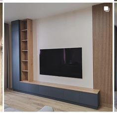 two pictures side by side one shows a living room and the other shows an entertainment center