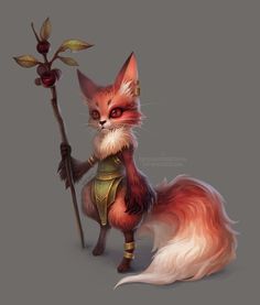 a red fox holding a stick and wearing armor