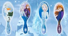 four spoons with frozen princess images on them in front of snow - covered mountains