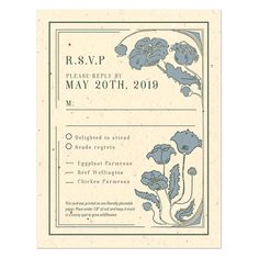 a wedding card with purple flowers on the front and bottom, in green ink that reads rsvp