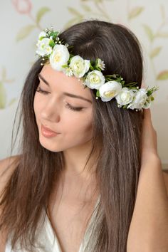 Spring wedding flower crown white floral head wreath by Vualia Spring Wedding Flower, Flower Crown White, Floral Head Wreath, Crown Png, White Flower Crown, Wedding Flower Crown, Crown Photos, Floral Tiara, Head Crown