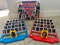 three different colored frames with pictures on them and a book about the movie guess who?