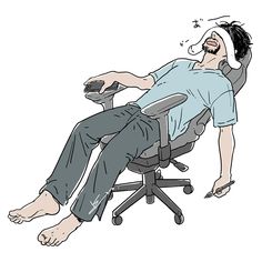 a man laying on top of an office chair