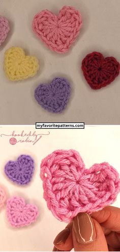 crocheted hearts are shown in different colors