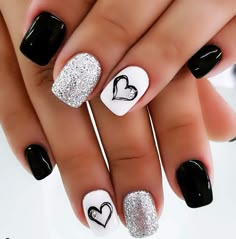 Black And White Nail, White Nail, Orange Nails, Fancy Nails, Short Acrylic Nails, Nail Arts, Valentine's Day Nails