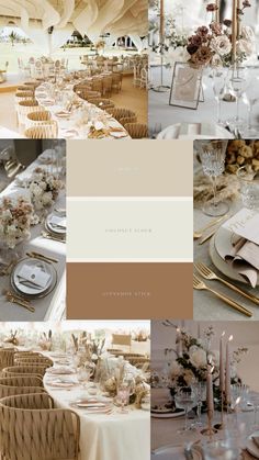 a collage of different tables and chairs with white flowers on the top, gold rimmed plates