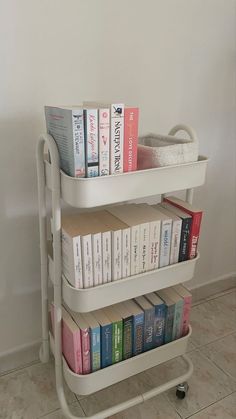 a book shelf with books on top of it