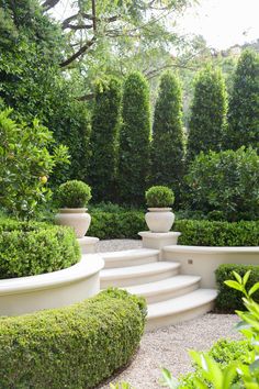 an outdoor garden with white steps and green trees in the background, surrounded by shrubbery