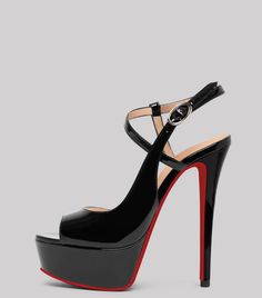 Black Platform Heels With Single Toe Strap, Black High Heel Polyurethane Sandals, Black Sandals With Red Sole And Open Toe, Black Open Toe Sandals With Red Sole, Black Sandals With Red Sole And Ankle Strap, High Heel Sandals With Padded Heel In Polyurethane, Red Platform Heels In Polyurethane, Open Toe Sandals With Reinforced Heel, Polyurethane Open Toe Sandals With Reinforced Heel