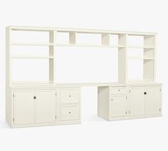 a white bookcase with drawers and cupboards next to each other on a white background