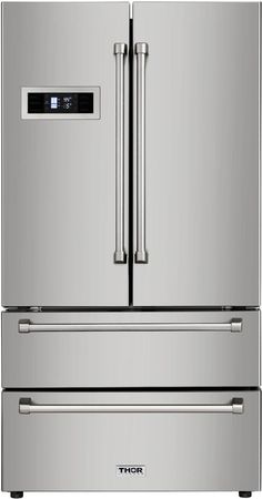 a large stainless steel refrigerator freezer with two drawers and one door on each side