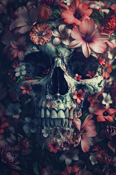 a skull with flowers on its head is surrounded by red and pink flowers in the background