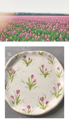 two pictures with flowers on them and one has pink tulips in the field