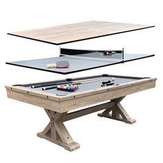 two tables with pool balls and cues in them, one on top of the other