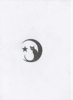 a black and white drawing of a cat sitting on top of a crescent with stars