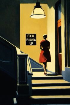 a painting of a woman walking up some stairs with a sign that says four flights off