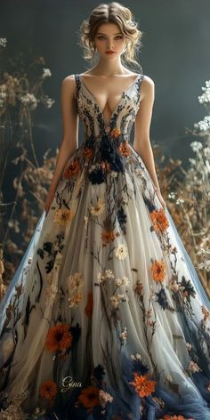 Mexican Flower Dress, Floral Detail Wedding Dress, Whimsical Gown, Floral Ball Gown, Fairytale Fashion, Fancy Wedding Dresses, Gown Inspiration, Nature Dress, Fantasy Dresses