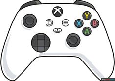 a white game controller with black buttons and letters on the front, and an x in the middle