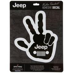 a jeep sticker with the word jeep on it's palm and hand print