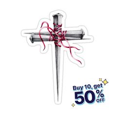 a cross with red ribbon tied around it and the words buy 10 get 50 % off