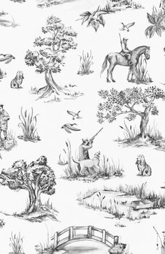 a black and white drawing of animals in the wild with trees, birds, and grass