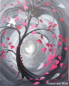 a painting of a tree with hearts on it