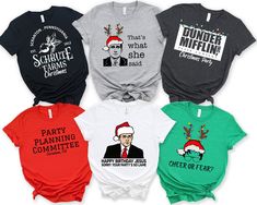 These are the perfect Christmas shirts or any office party or family party. They Are Bella Canvas Unisex fit, very soft tees and they run true to size. Designed and made in the USA. Pick your size & color in the drop downs, then in the personalization box, let me know which design you would like. Keep in mind that some of the designs will not show up on the darker color shirts. * 100% combed and ringspun cotton * Light fabric * Unisex sizing * Runs true to size * Side seams * Tearaway Label Wash Gifts For The Office, The Office Christmas Party, Christmas Office Party, The Office Christmas, Christmas Party Planning, Office Christmas Party, Christmas Party Shirts, Group Shirts, Xmas Shirts