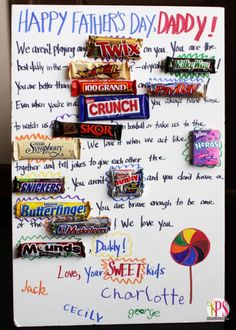 a father's day card with candy and candies written on the front side