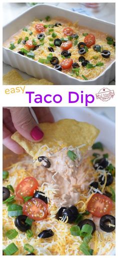 taco dip with cheese, black olives, tomatoes and tortilla chips