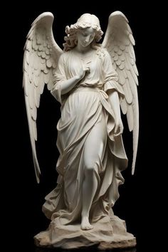 an angel statue is shown against a black background