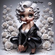 a painting of a woman with white hair and black leather pants sitting in front of roses