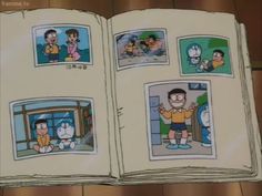 an open book with cartoon pictures on it and people in the window looking at them