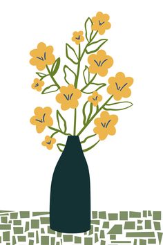 a black vase with yellow flowers in it