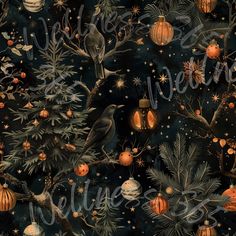 an image of a christmas tree with birds and ornaments on it's black background