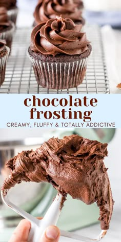 chocolate frosting is being spread on top of cupcakes with the words chocolate frosting