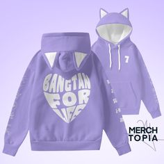 This cute '7 for life' cat eared hoodie, with high-quality printing, will become a very fashionable sweater. Perfect gift for friends or family members who are Armys and KPop fans. : : : : : : : : : : : : : : : : : : : : : : : : : : : : : : : : : : : : : : : : : : : :  This product will take 5-7 business days to manufacture and will be shipped immediately after production. : : : : : : : : : : : : : : : : : : : : : : : : : : : : : : : : : : : : : : : : : : : :  DESIGN Color: Purple Hoodie with wh Kpop Hooded Sweatshirt For Winter, Kpop Style Hooded Hoodie For Streetwear, Cotton Hoodie With Cat Design For Streetwear, Cat Design Hoodie Sweatshirt For Streetwear, Cotton Kpop Hoodie, Cat Design Hoodie For Streetwear In Fall, Cat Design Hoodie For Fall Streetwear, Hooded Cat Design Sweatshirt For Streetwear, Hooded Cat Print Sweatshirt For Streetwear