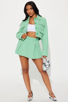 Available In Kelly Green And Black/White. Skort Set Jacket Button Front Pocket Detail Fully Lined Pleated Skirt Shorts Attached Non Stretch Disclaimer: Pattern Placement May Vary. Self/ Lining: 100% Polyester Imported | Regan Skort Set in Kelly Green size Medium by Fashion Nova Button-up Mini Skirt With Pockets For Work, Fitted High Waist Spring Outerwear, Spring Fitted Mini Skirt With Snap Buttons, Spring Mini Skirt With Button Closure For Work, Fitted Mini Skirt With Snap Buttons For Spring, Trendy Mini Skirt With Buttons For Work, Trendy Blazer With Button Closure For Day Out, Spring Workwear Green Mini Skirt, Spring Button-up Mini Skirt For Work