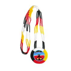 a multi colored beaded necklace with an emblem on the front and back end, hanging from